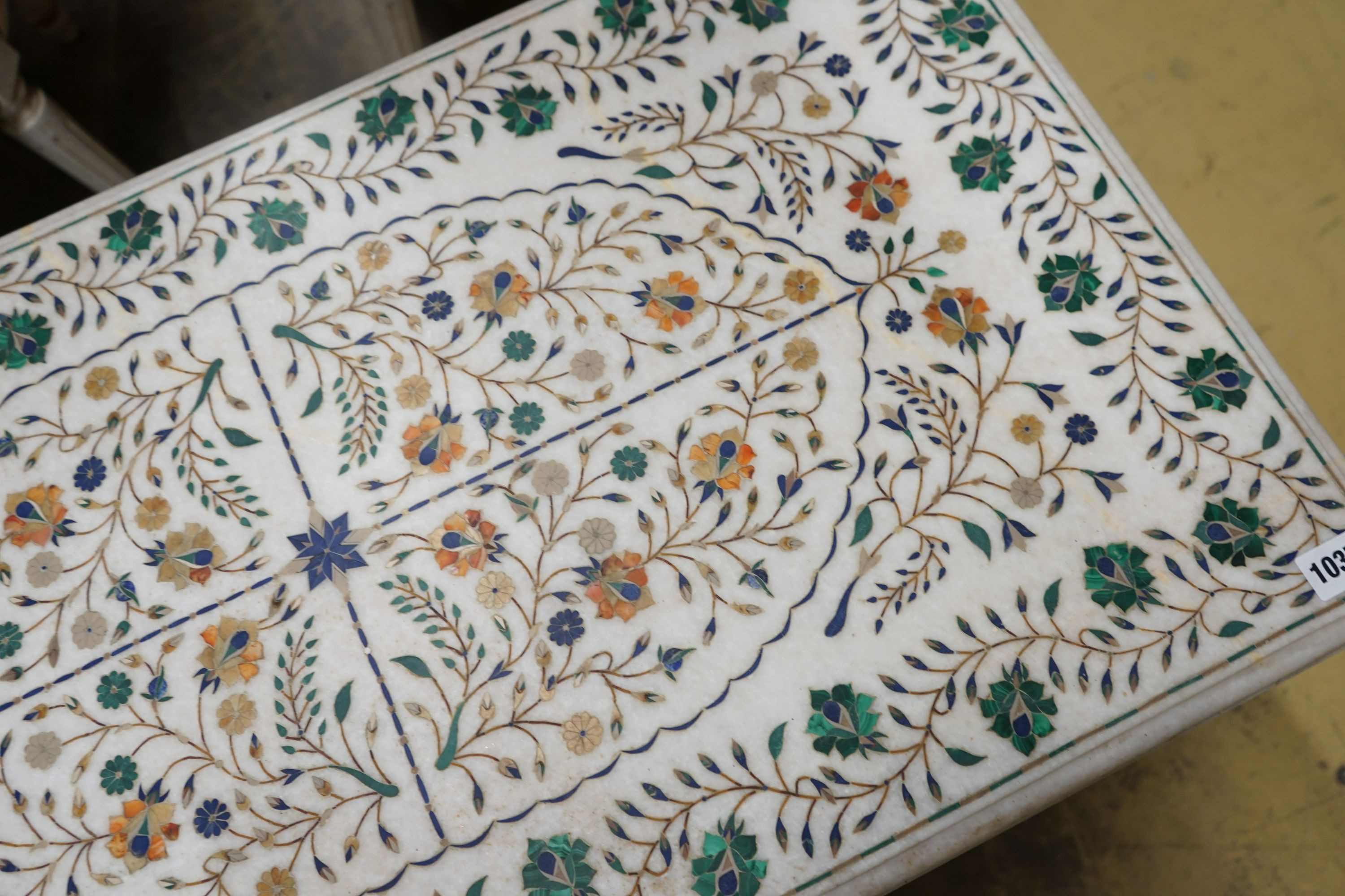 An Indian pietra dura rectangular inlaid marble topped occasional table, length 92cm, depth 50cm, height 48cm